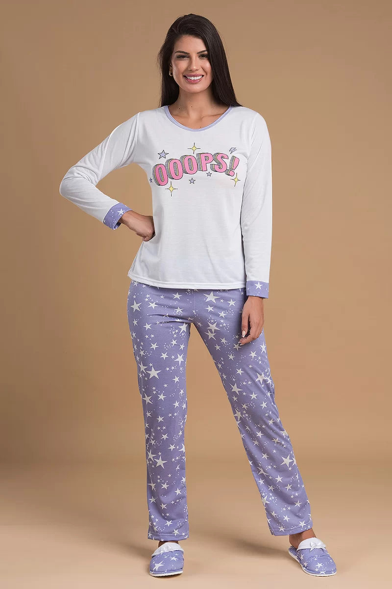 Pijama Feminino Ooops Estrelas + Pantufa Estrelas Lilás
