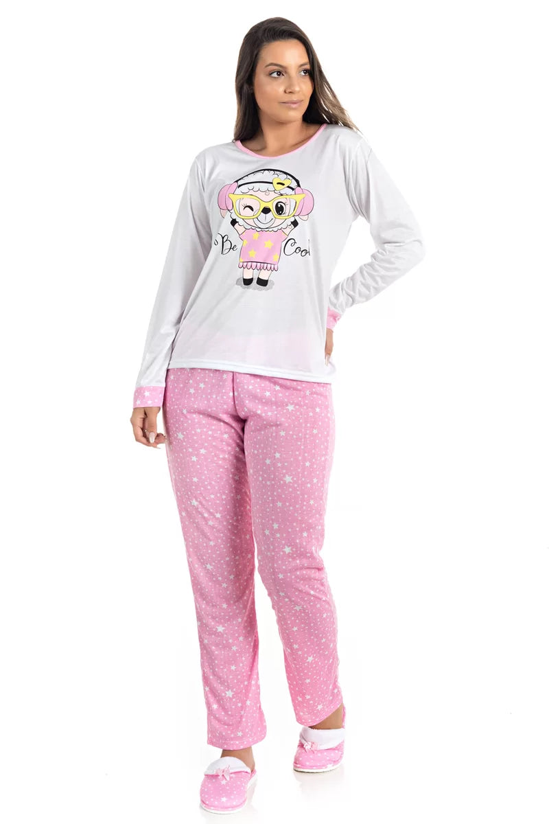 Pijama Feminino Ovelha Com Óculos Amarelo + Pantufa Estrela Rosa