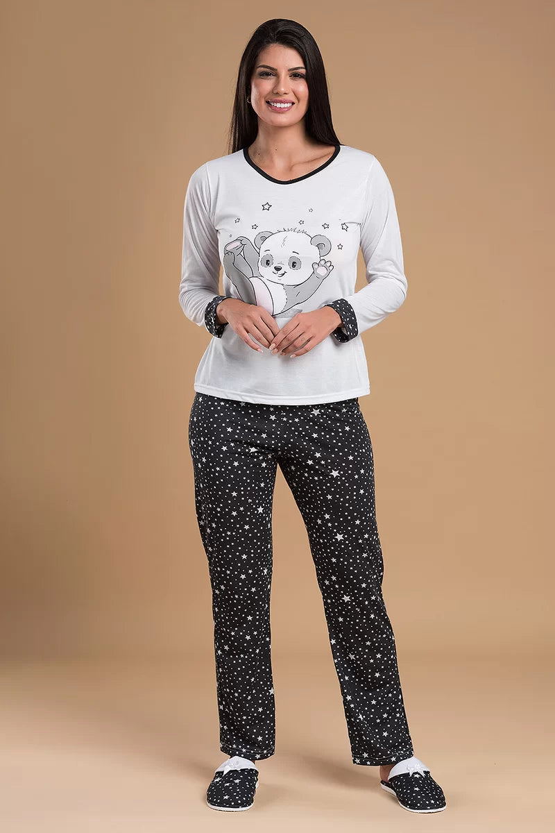 Pijama Feminino Panda Estrelas + Pantufa Estrelas Preto