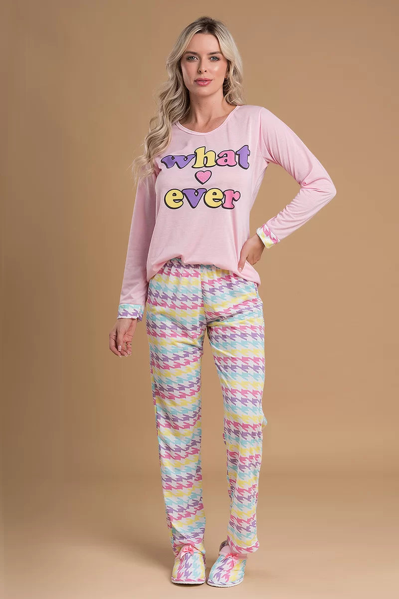 Pijama Feminino What Ever Pied De Poule Color + Pantufa Pied De Poule Color