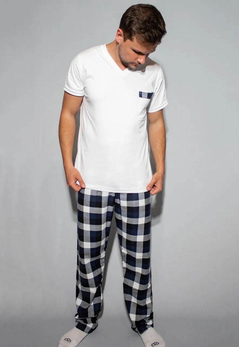 Pijama Xadrez Branco Calça e Blusa Manga Curta Branca