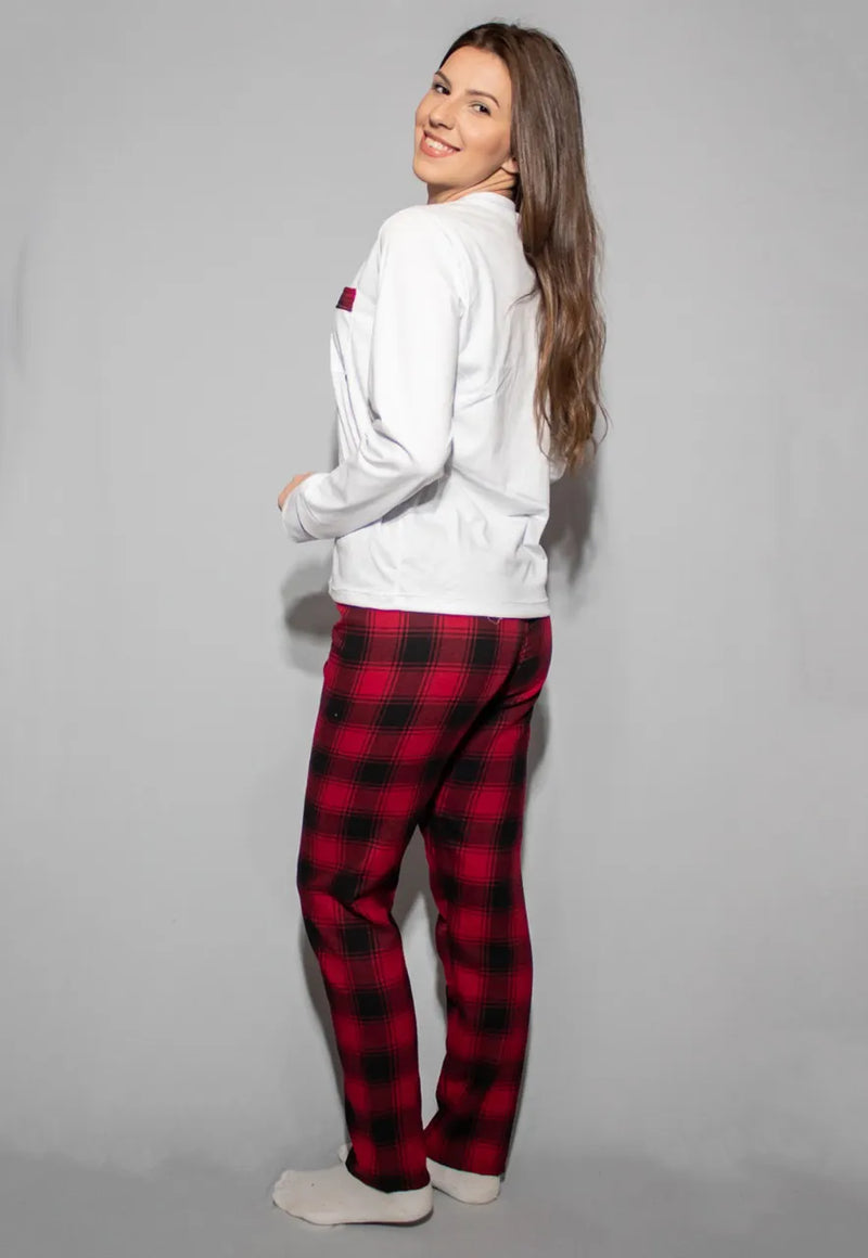 Pijama Xadrez Vermelho Calça e Blusa Manga Longa Branca